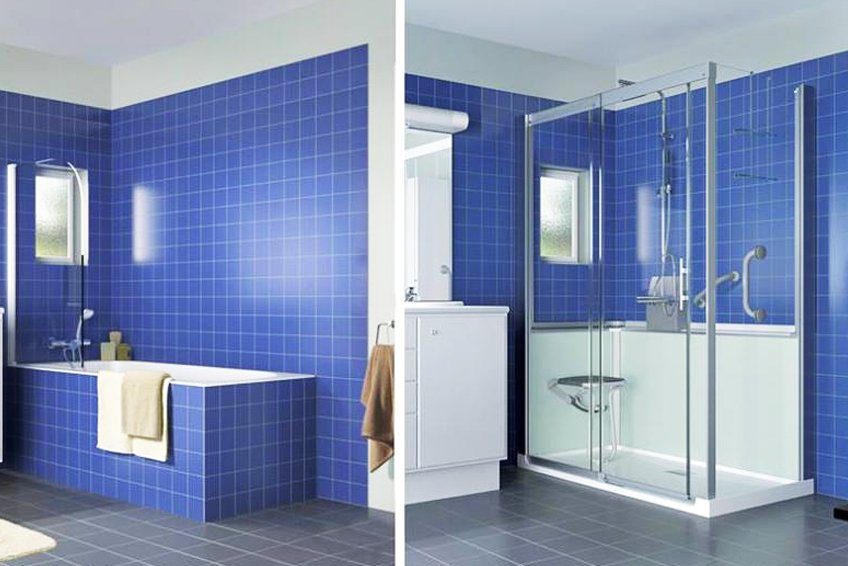 Salle de bain avec carreaux bleu